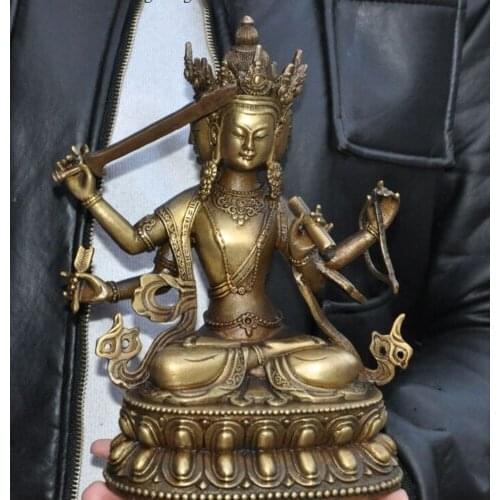 10"Tibet Buddhism bronze 3 Head 4 Arms Chenrezig Goddess Kwan-yin guanyin statue