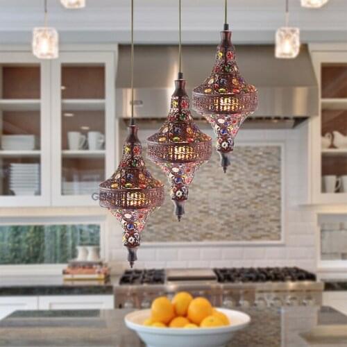 Bohemia staircase Mediterranean restaurant bedroom lamp retro multicolor bronze wrought iron pendant lamp D16