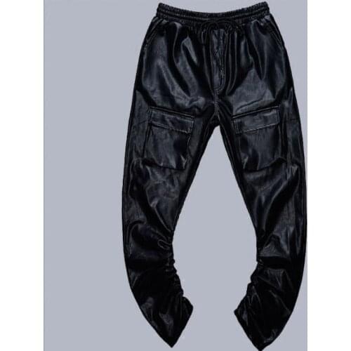 Elastic waist leather Harem pants mens feet pants fashion motorcycle pu trousers for men Multi-pocket pantalon homme black
