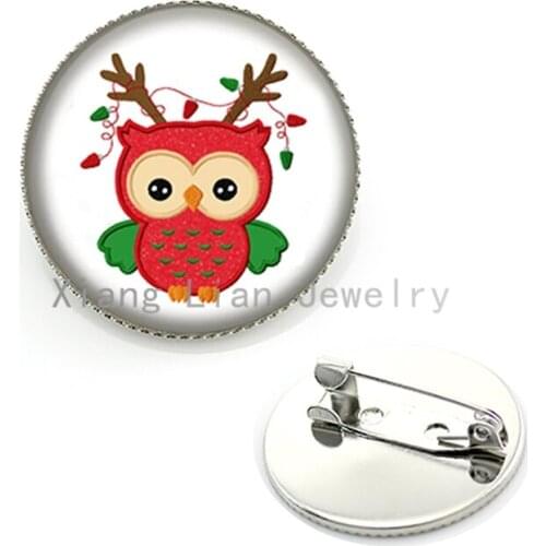 Kawaii Red Owl Antlers Christmas Lights Art picture glass dome badge brooch pins cute animal bird brooches women jewelry CM97