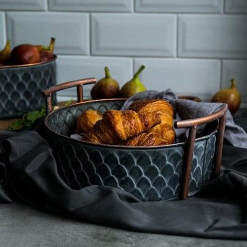 European handcrafted round antique decorative metal trays with handles