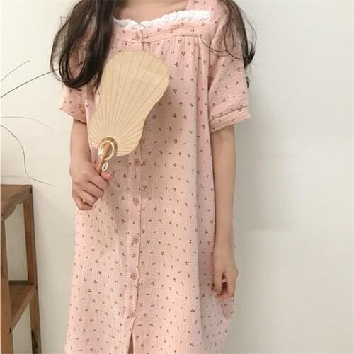 Lace Square Collar Summer Nightgown Sweet Kawaii Korean Sleepwear Home Clothes Cotton Soft Homewear Loose Single Breasted