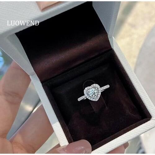 LUOWEND 100% 18K White Gold (AU750) Engagement Ring Natural Diamond Ring Classic Halo Heart Shape Women Wedding Rings