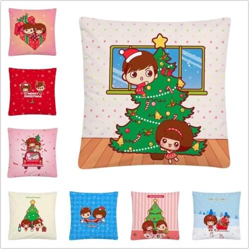 Cute christmas couple cartoon pattern Soft Short Plush Cushion Cover Pillow Case for Home Sofa Car Decor Pillowcase 45X45cm