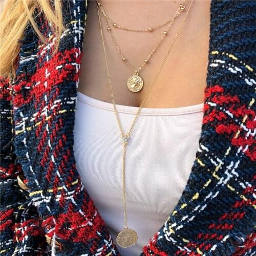 Trendy Gold Color Two Coin Pendant Y Neck Layered Necklace For Women Girl Party Pretty Layat Jewelry Sweater