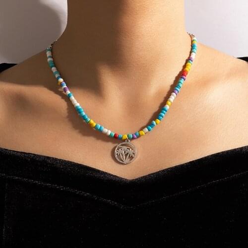 Tocona Colorful Beaded Chain Choker Necklace for Women Silver Color Tree Geoemtric Pendant Boho Jewelry Accessories 18118