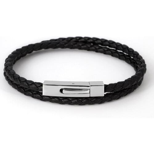 Simple Square Buckle Leather Bracelet Two Circles Rope Stainless Steel Bracelet For Men Trendy Handmade Jewelry 4mm Thin