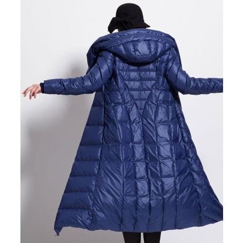 Womens Winter down coat waterproof long thick large size hat black dark blue female jackets