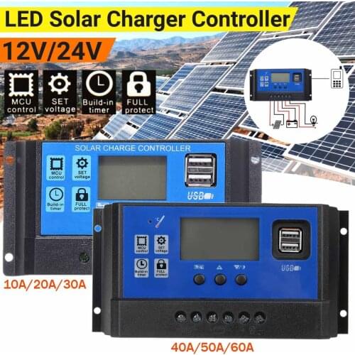 60A/50A/40A/30A/20A/10A 12V 24V Auto Solar Charge Controller PWM Controllers LCD Dual USB 5V Output Solar Panel PV Regulator