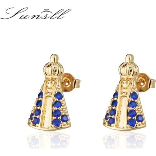 SUNSLL New arrival gold copper earring blue cubic zircon religion stud earrings for women fashion unique jewelry earring gifts
