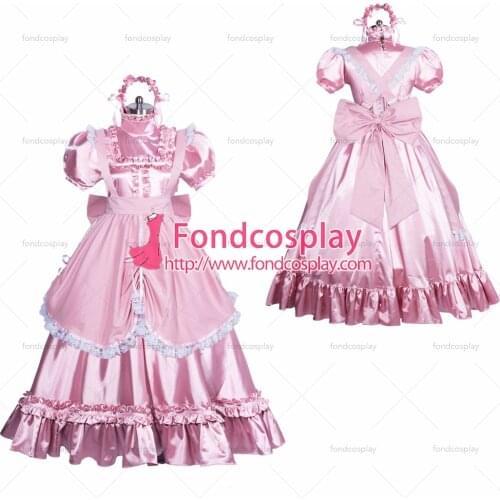 Fondcosplay adult sexy cross dressing sissy maid long French Lockable pink satin dress gothic lolita apron Tailor-made [G3865]