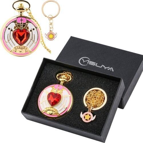 Women Pocket Watch Necklace Set Classic Japanese Anime Pendant Watches with Star Key Rings Chain Gift Set for Wife Mom Daughter