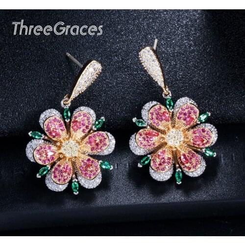 ThreeGraces Fashion Rose Red Cubic Zirconia Setting Romantic Flower Dangle Drop Aesthetic Earrings for Ladies Jewelry ER323