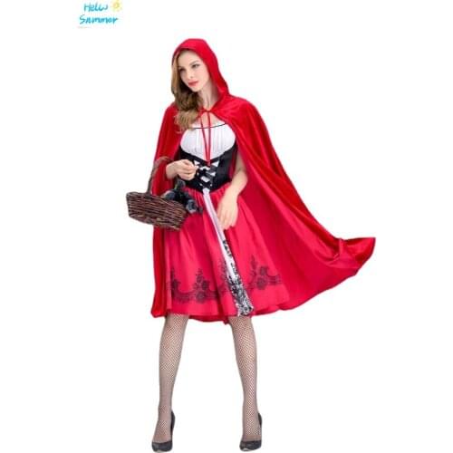 Adult Women Halloween Costume Cosplay Little Red Riding Hooded Robe Lady Embroidery Dress Party Cloak Outfit For Girls