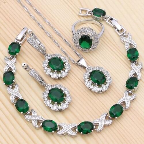 925 Silver Jewelry Sets For Women Birthday Gift Green Cubic Zirconia White Crystal Ring Bracelet Pendant Earrings Necklace