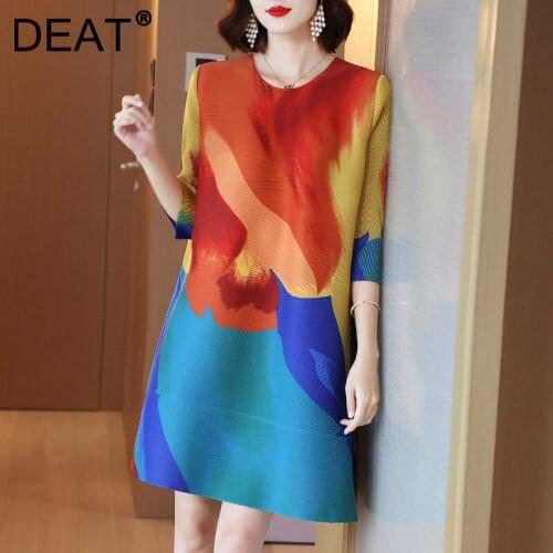 DEAT Women Pleated Dress Multicolor Print Round Collar Seven Sleeve Elastic Waist Casual Style 2021 New Autumn Fashion 15JK450