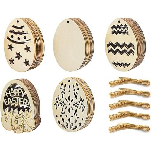 50 Pack Easter Egg Wood Slice Ornaments DIY Wooden Egg Shape Crafts Hanging Easter Decorations for Easter Party Supplies CNIM Ho