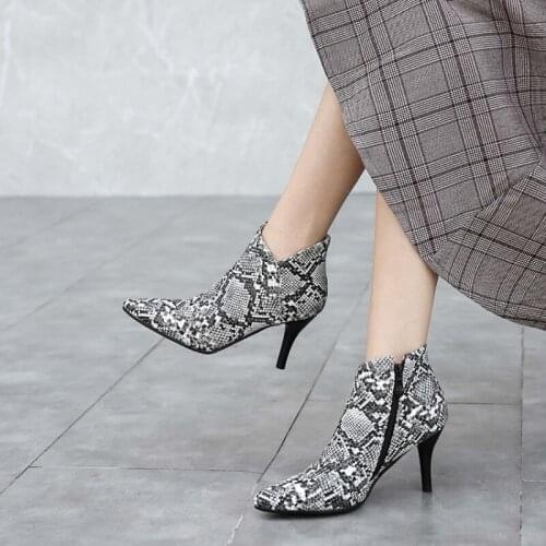2021 Autumn Winter Women Ankle Boots Print Snake Pu Women Ankle Boots Zip Pointed Toe Footwear Thin High Heels Female Boot 32-48