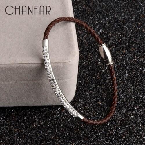 Chanfar Genuine Leather Stainless Steel Bracelet With Magnetic Clasp Wrap Rhinestone Pave Bracelet For Women Men Jewelry
