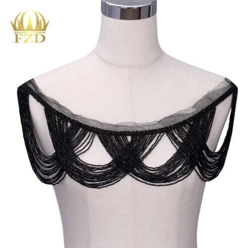 FZD 10 Pieces Handicraft Tasseled Black Beaded Rhinestone Applique Patches with Gauze for Women Clothing and Evening Dress