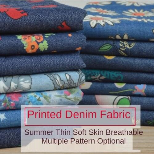 Color Wash Printed Denim Fabric for Pants Skirt Dress Soft Comfortable Thin Fabrics By Half A Meter Sewing Summer Flower Brocade