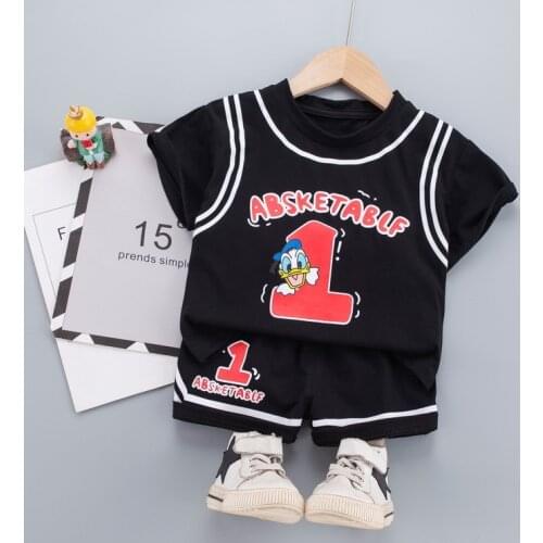 Disney Cartoon Baby Boy Clothes Donald Duck Print Two Piece Sets O neck Short Sleeve Short Pant Basketball Clothing For Children