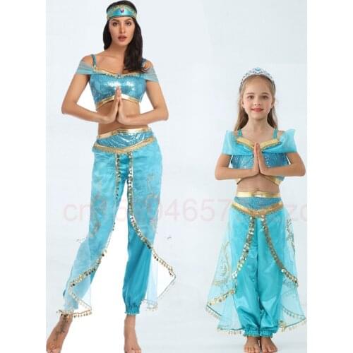Jasmine Costume Helloween Party Princess Dress Fancy Clothing Set Top Pants Headband Kids Adult laddin the Magic Lamp Costume