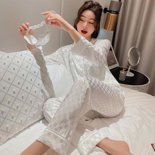 Ice silk pajamas women spring and autumn long sleeve Outfits summer thin autumn and winter home clothing plaid white