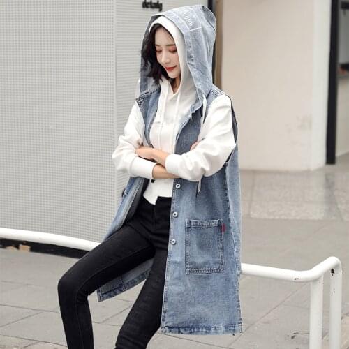 Korean Fashion Plus Size Womens Vest Denim Trench Coat Jacket Waistcoat Printing Blue Vest Ladies Long Hooded Denim Vest