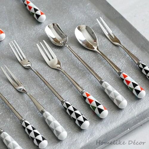 5pcs Stainless Steel Flatware Set with Ceramic Handle Cutlery Set Spoons Forks for Dessert Tea Coffee Fruit Ice Cream 13-15cm