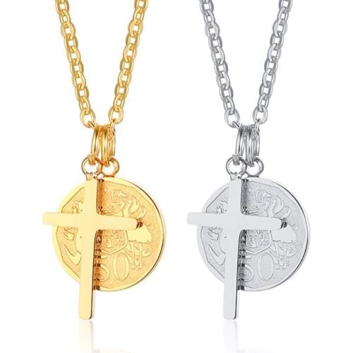 Stainless Steel Religious Cross Christ Gold Elizabeth Queen Coin Pendant Necklace Jewelry Gift For Him with Chain