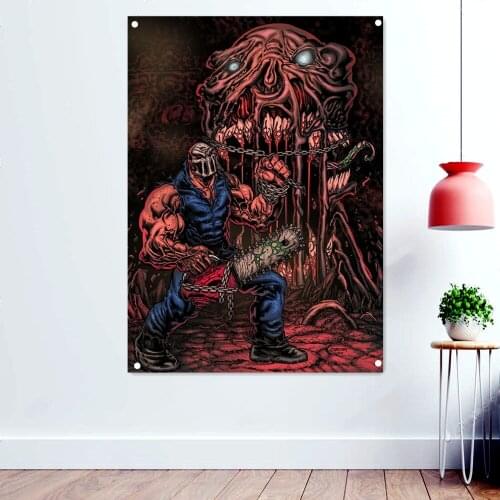 Chainsaw Demon Wallpaper Devil Dark Rock Band Artworks Flags Printing Wall Hanging Brutal Heavy Metal Poster Tattoo Banners