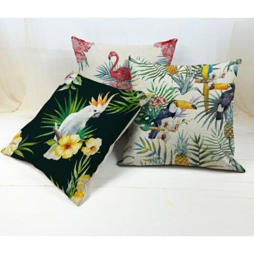 Tropical Plant Cushion Covers Flowers Toucan Parrot Pink Flamingo Bird Home Decor Farmhouse Sofa Seat Linen Cotton Pillow Cases