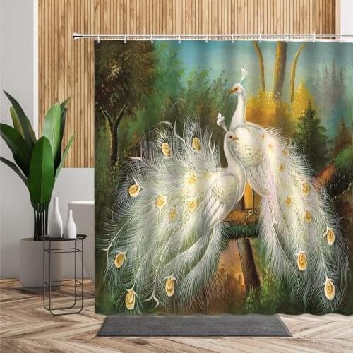 White Peacocks Shower Curtains Beautiful Watercolor Bird Flowers Peony Pattern Bathroom Decor Bathtub Waterproof Cloth Curtain