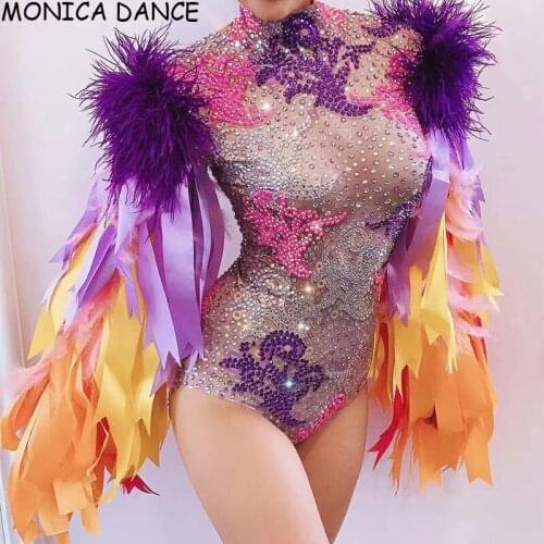 Nightclub Sexy Stage Wear Ribbon Strip Feather Sleeve Rhinestone Bodysuit Women Nightclub Bar Party Outfit Performance Bodysuit