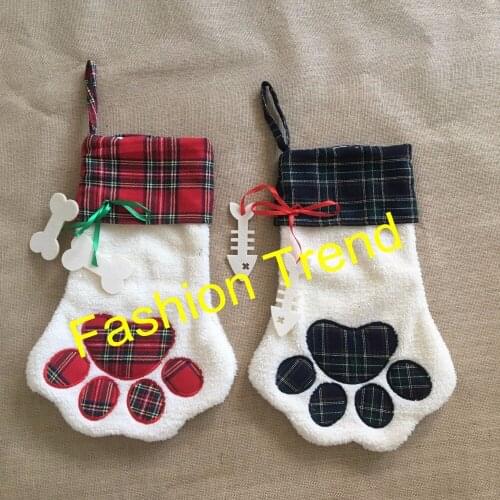 20pcs/lot free shipping Monogrammed Red & Blue Dog Paw Pet Plaid Christmas stocking Animal X-mas stocking for kids candy bag
