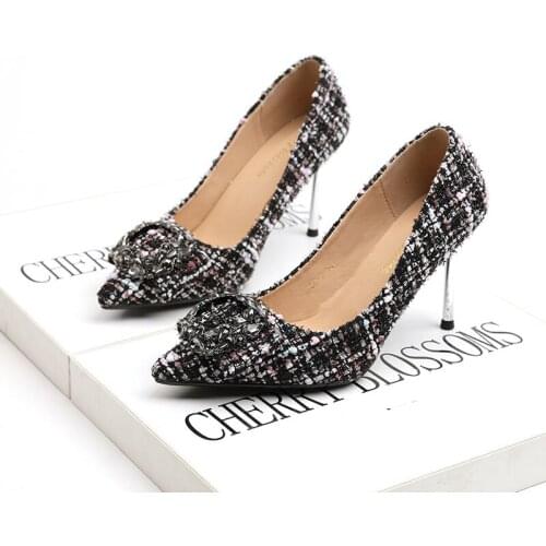 2020 Women Shoes High Heels Woman Flock 8 cm Plaid Women Pumps Ladies Office Casual Shoes Pointed Toe Summer Heels