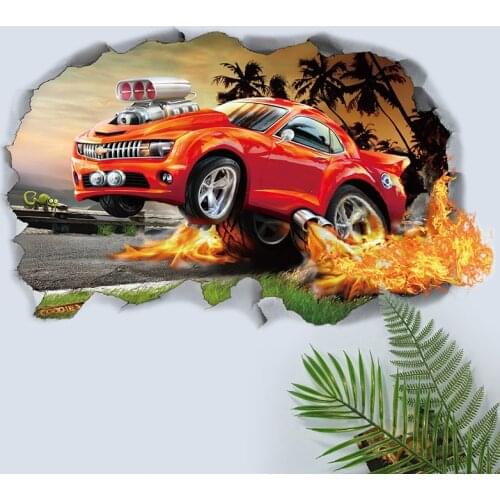 3D Broken Wall Chevrolet Car For Boys Bedroom Self Adhesive Kids Room Wallpaper Cartoom Car Poster Mural Lightning Wall Stickers