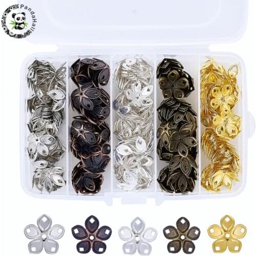 PANDAHALL 5-Petal Iron Bead Caps, Mixed Style, Mixed Color, 18x8mm, Hole: 2mm; about 20g/compartment; about 200pcs/box Bead Caps