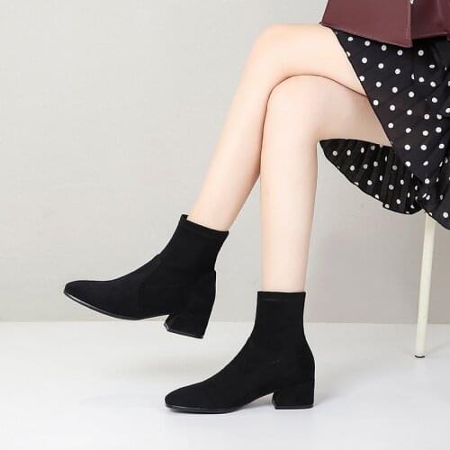 2021 New Stretch Flock Ankle Boots Women Fashion Winter Booties Thick Low Heels Boots Slip on Casual Shoes Ladies Big Size 34-43