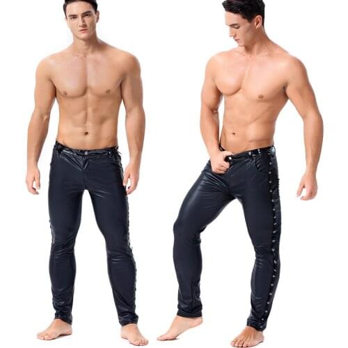 Sexy Men Shiny Pants Faux Leather High Elastic Tight Trousers Men Skinny Legging Pencil Pants Fetish Club Wear