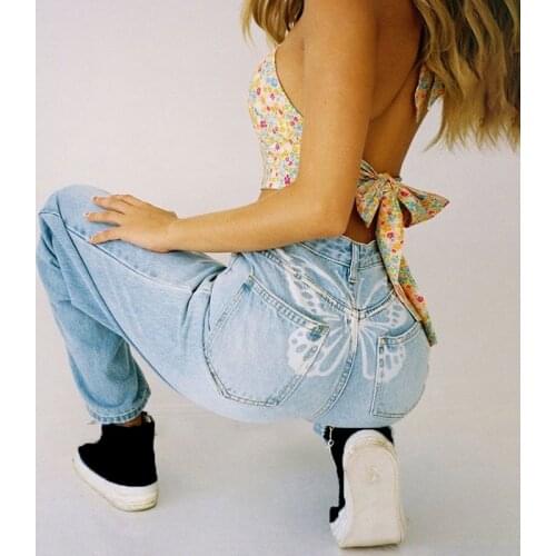 Butterfly Print Wide Leg Jeans Women 2021 Spring Casual Loose High Waist Straight Jeans Female Blue Denim Pants