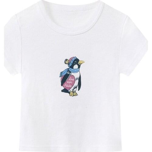Slim Girls Soft Cotton O Neck T-shirt 2021 Summer Fashion Ladies Office Women Penguin Print Cropped Crop Top