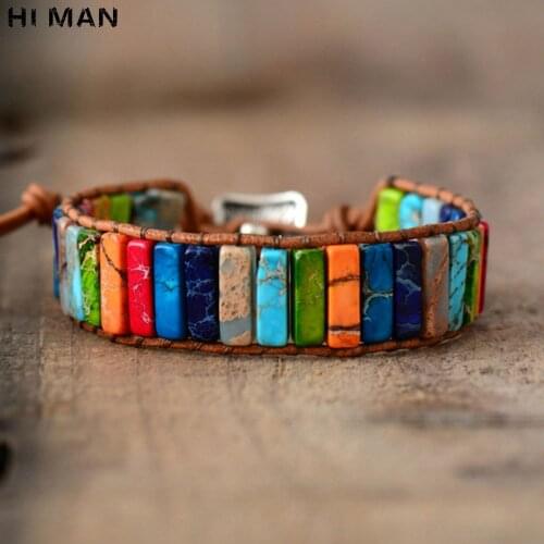HI MAN Bohemian Trendy Handmade Multicolor Natural Stone Bead Leather Bracelet Women 7 Chakra Bracelet Girlfriend Yoga Gift