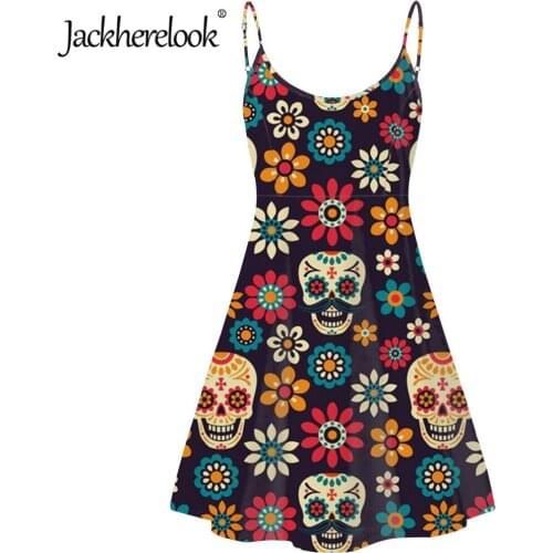 Jackherelook Vintage Skull Floral Peinry Woman Party Dress Female Spaghetti Strap Dresses Sleeveless Sundress Vestido de Mujer