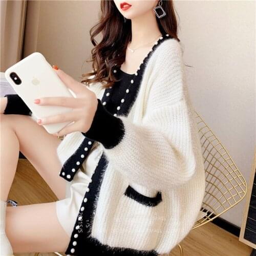 Xiaoxiangfeng cardigan new spring and autumn nail bead bright silk sweater womens loose lazy wind heavy industry knitted coat