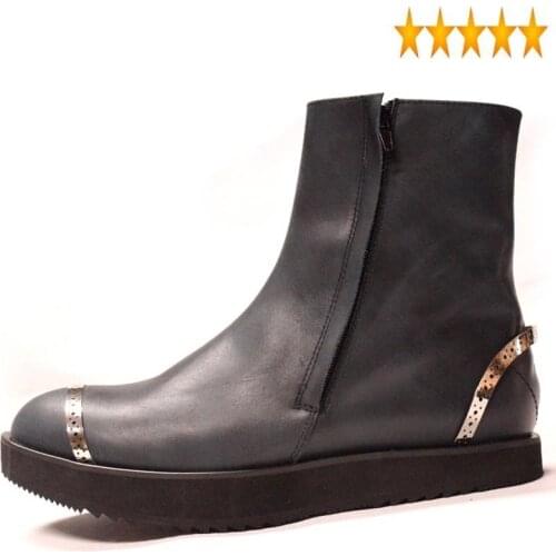 Boots Classic Retro Genuine Leather Men Winter Black Double Zipper High Booties Top Quality Round Toe Cowboy Botas Masculina