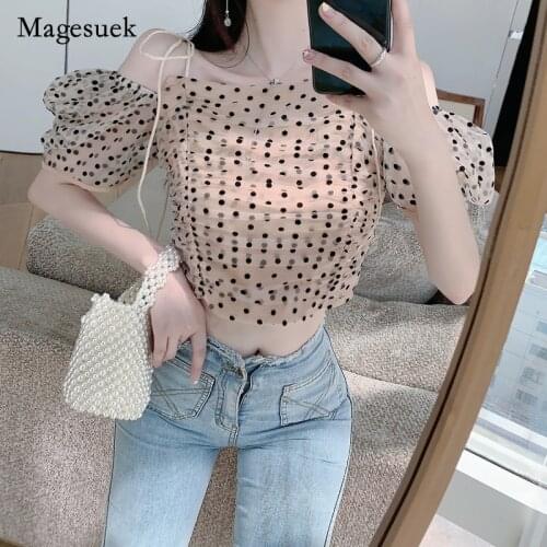 Korean Women Summer Tops Chiffon Polka Dot Off Shoulder Strap Ruffled Blouse Sexy Bubble Sleeve Short Sleeve Shirt Blusa 14430