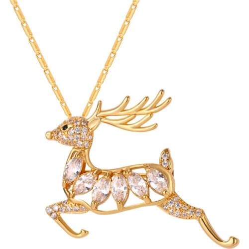 Leaping Deer Pendant Necklace &AAA Cubic Zirconia Gold/Silver Color Deer Charm For Women Christmas Gift P2499
