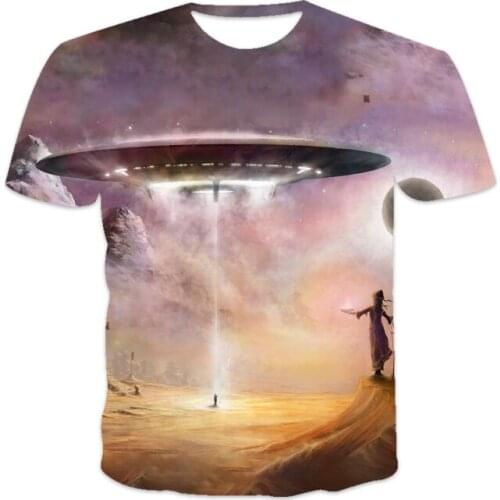 Summer best-selling new mens T-shirt loose clothes retro short-sleeved fashion starry sky UFO alien pattern printing O-neck men